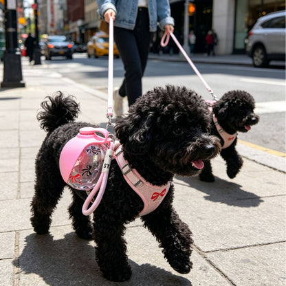 Pawlyn water bottle size shown next to a dog