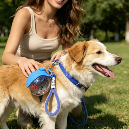 Pawlyn portable dog water bottle shown in use during a walk